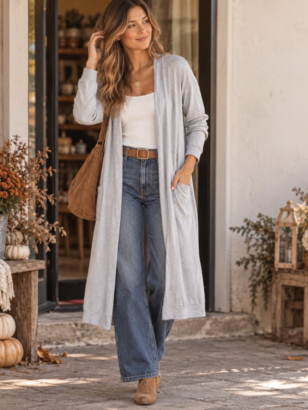 Three Bird Nest Cardigan Womens M Gray Long Duster Open Front Pockets Boho